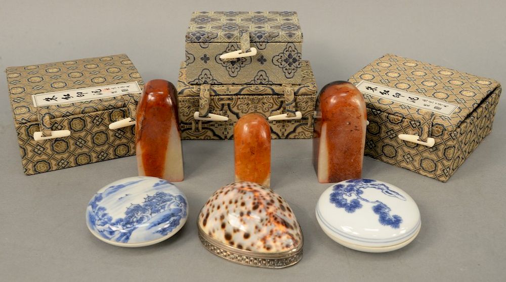 Appraisal: Six piece group to include five Chinese carved soapstone seals