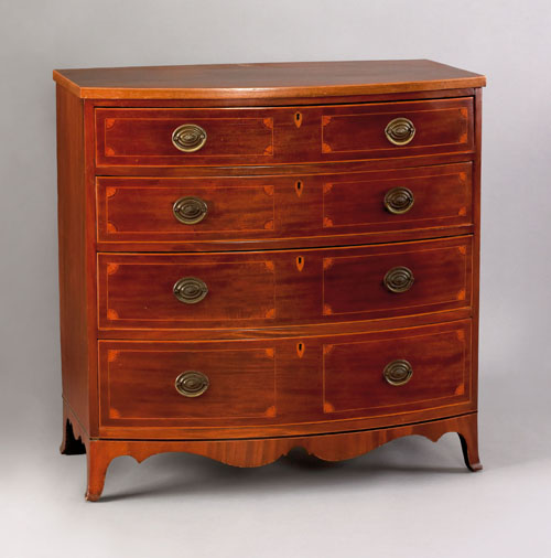 Appraisal: Maryland Hepplewhite mahogany bowfront chest of drawers ca with fan