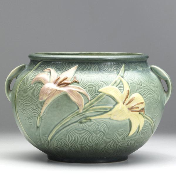 Appraisal: ROSEVILLE Green Zephyr Lily jardiniere - Minor fleck to petal