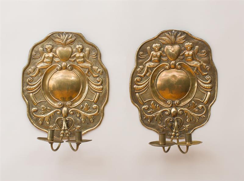 Appraisal: PAIR OF FLEMISH BAROQUE BRASS REPOUSS TWO-LIGHT SCONCES POSSIBLY ANGLO-DUTCH