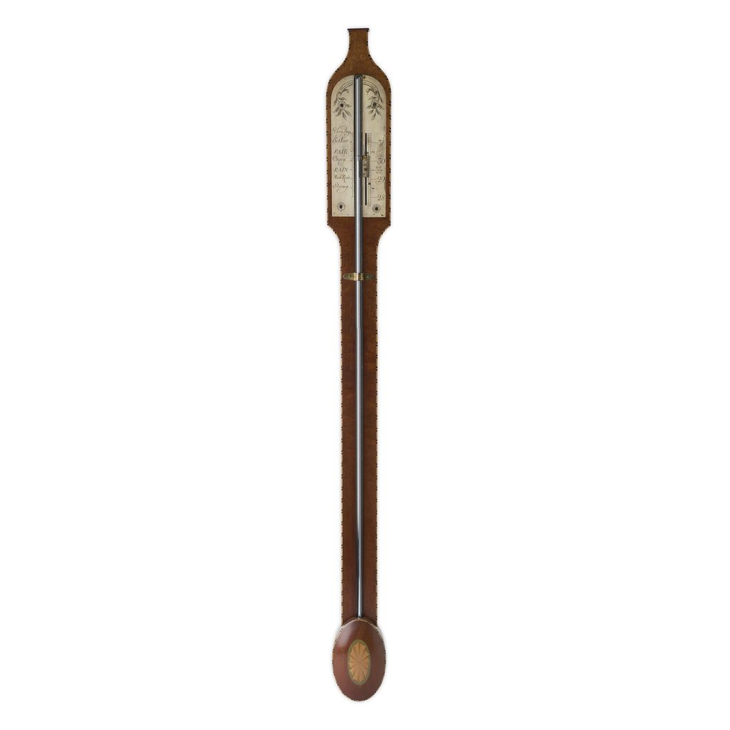 Appraisal: GEORGE III STYLE MAHOGANY AND INLAID STICK BAROMETER INSCRIBED 'RANSLEY