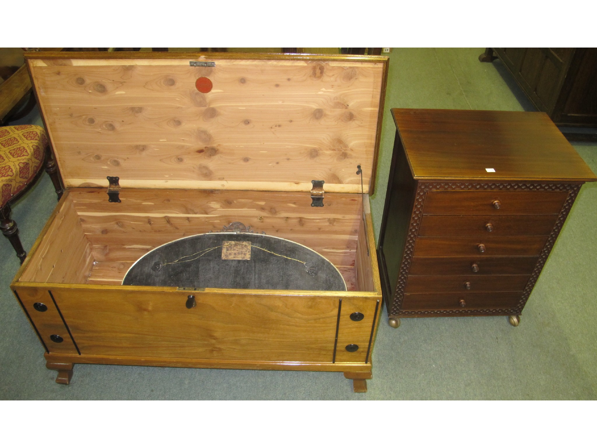 Appraisal: Cedar blanket chest wall mirror and music cabinet