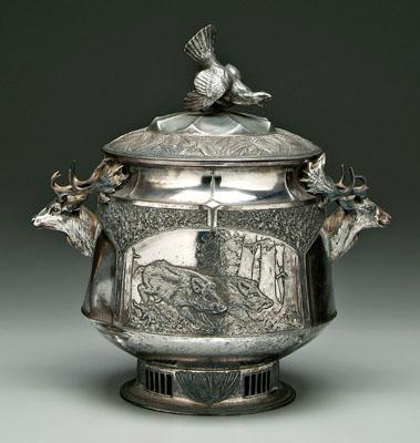 Appraisal: Silver plated tureen round with wild turkey finial stag handles