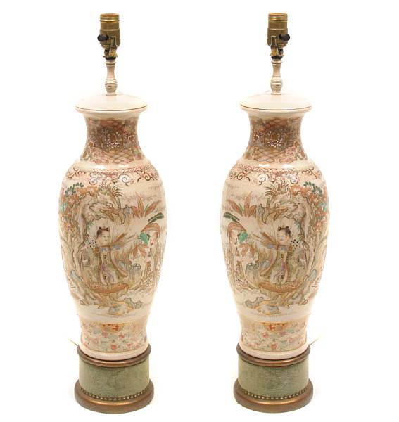 Appraisal: A pair of Japanese satsuma vases now drilled and mounted