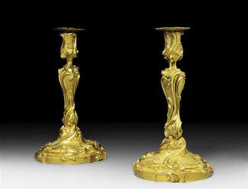 Appraisal: PAIR OF GILT BRONZE CANDLE HOLDERS Louis XV Paris circa