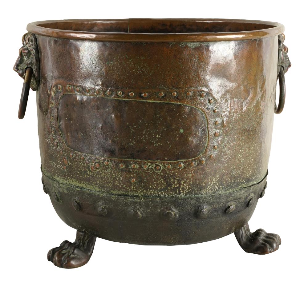 Appraisal: COPPER FIRE BUCKETwith two handles and claw feet Condition oxidation