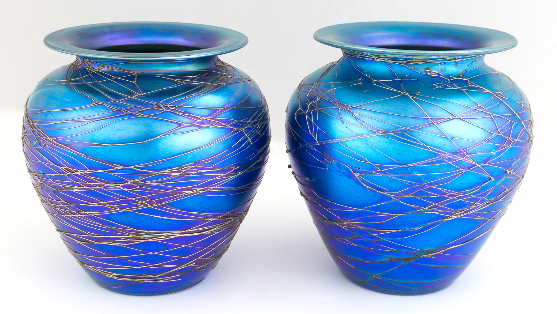 Appraisal: Pair of Durand Blue Iridescent Vases with Applied Decoration Minor