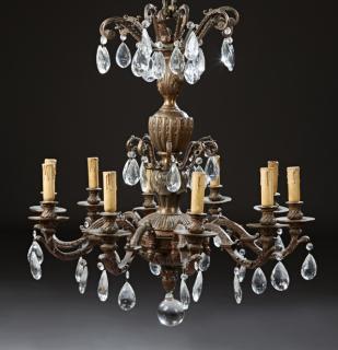 Appraisal: Continental Patinated Bronze Twelve Light Chandeli Continental Patinated Bronze Twelve