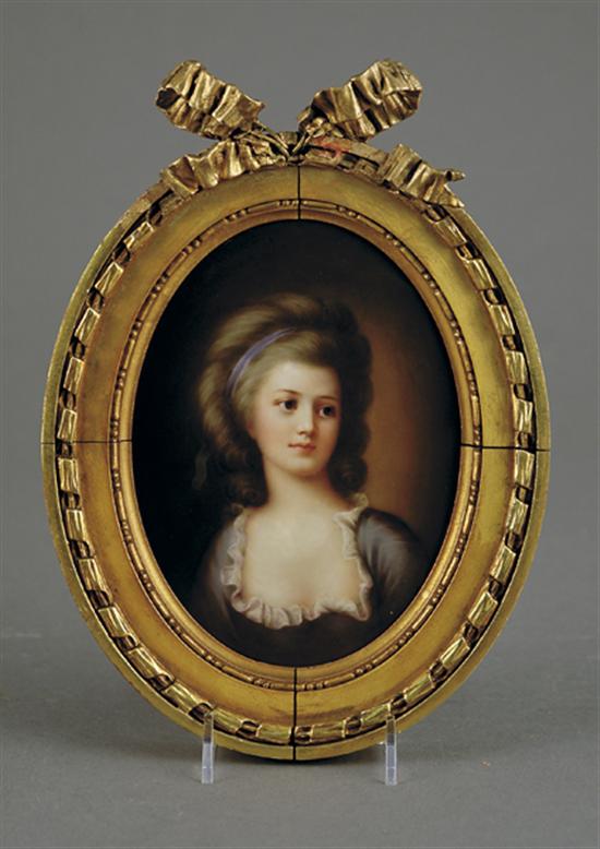 Appraisal: Continental miniature porcelain plaque late th centuryPORTRAIT OF YOUNG WOMANenamel