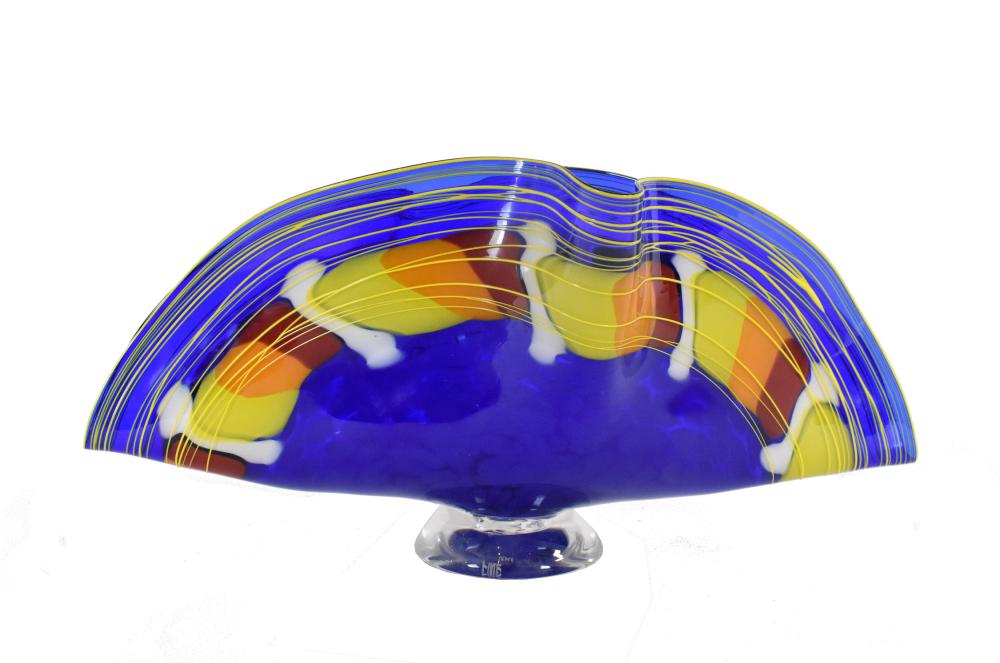 Appraisal: CONTEMPORARY ART GLASS FAN-SHAPED BOWLSigned Fine UK The blue transparent