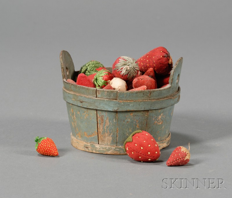 Appraisal: Miniature Blue-painted Wooden Tub Filled with Strawberry-shaped Pincushions and Emories