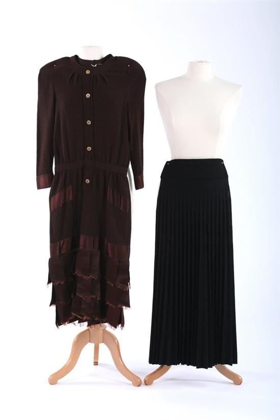 Appraisal: DESIGNER DRESS AND SKIRT Brown wool blend dress skirt trimmed