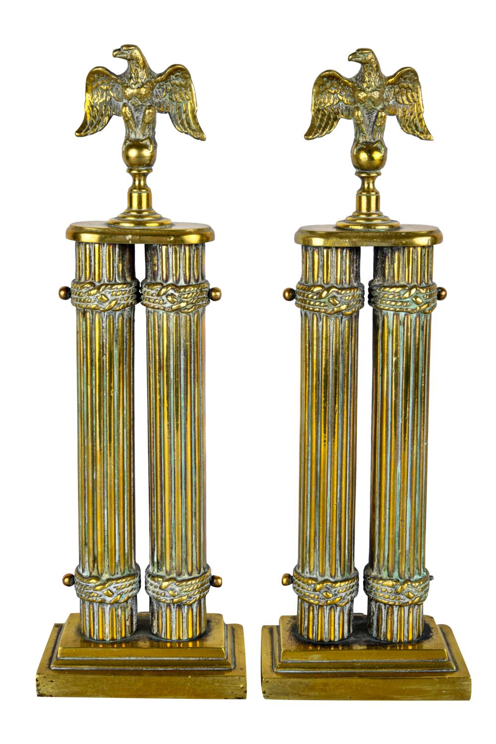 Appraisal: PAIR OF FEDERAL-STYLE BRASS ANDIRONSCondition each with oxidation and wear