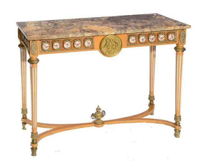 Appraisal: A FRENCH BLONDE WOOD AND BRASS MOUNTED SIDE TABLE inset