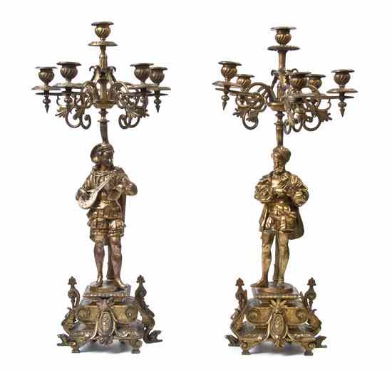 Appraisal: A Pair of Continental Gilt Metal Six-Light Figural Candelabra emblematic