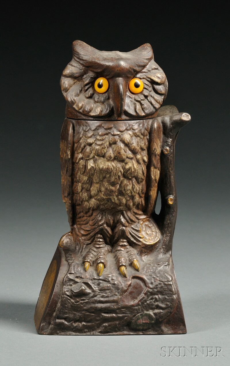 Appraisal: Polychrome Painted Cast Iron Owl Bank J E Stevens Company