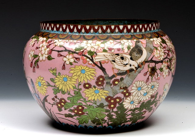 Appraisal: TWO JAPANESE CLOISONNE JARDINIERES one pink ground and the other