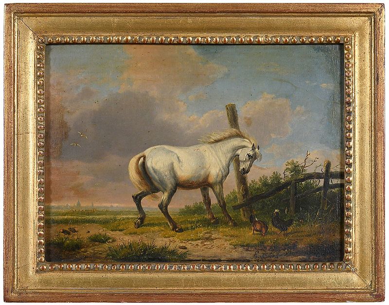 Appraisal: Eug ne Verboeckhoven Belgian - White Horse with Chickens signed