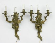 Appraisal: Three-Branch Wall Sconces Pair of bronze three light wall sconces