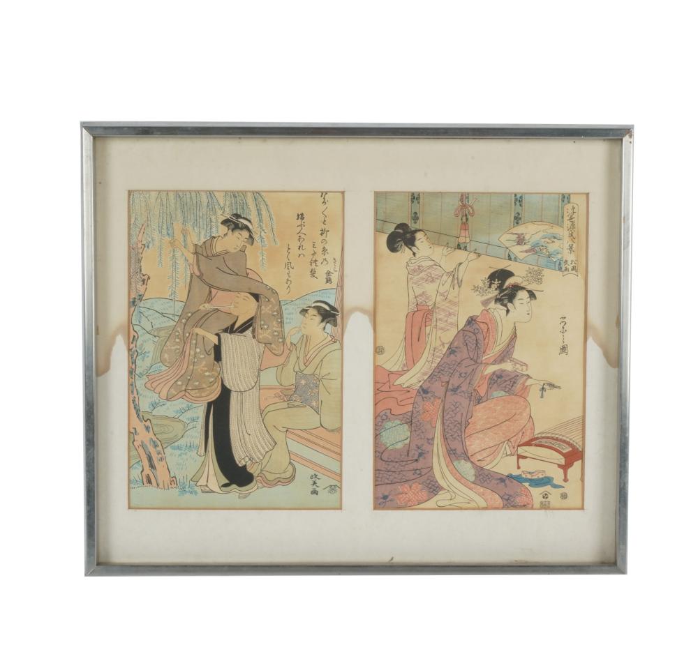 Appraisal: TWO JAPANESE COLOR WOODBLOCK PRINTSEdo period framed together under non-reflective