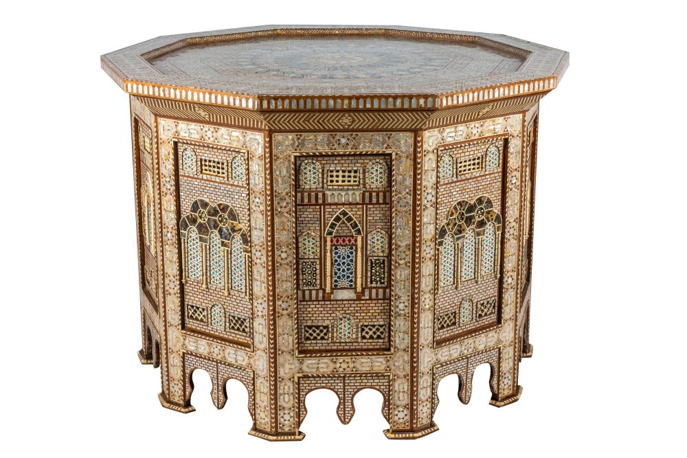 Appraisal: MOORISH STYLE SHELL-INLAID DECAGONAL CENTER TABLEthe paneled base with architectural