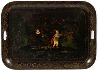 Appraisal: ANTIQUE TOLE TRAY H L Hand painted black metal serving