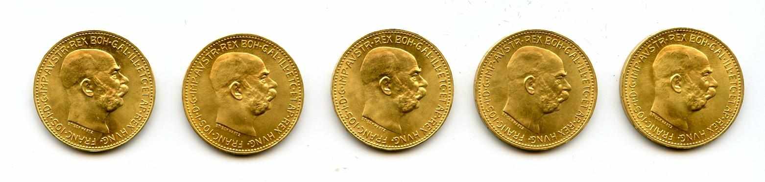 Appraisal: Austria Gold Coronas Restrikes KM- All five coins are Brilliant