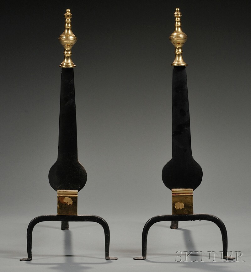 Appraisal: Pair of Urn-top Brass and Iron Knife Blade Andirons America