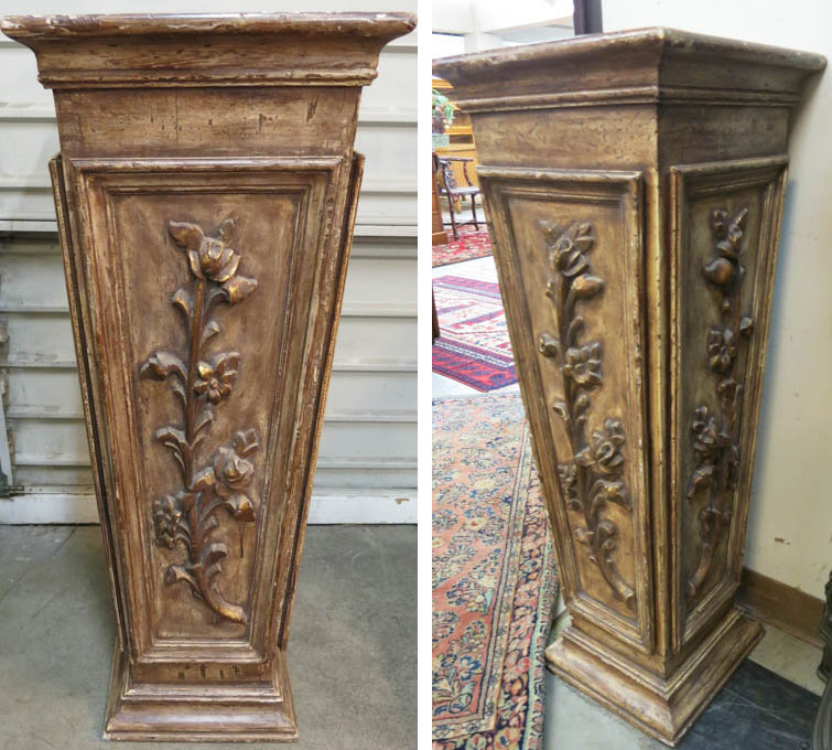 Appraisal: A PAIR OF CARVED AND DISTRESSED WOOD PEDESTALS of square