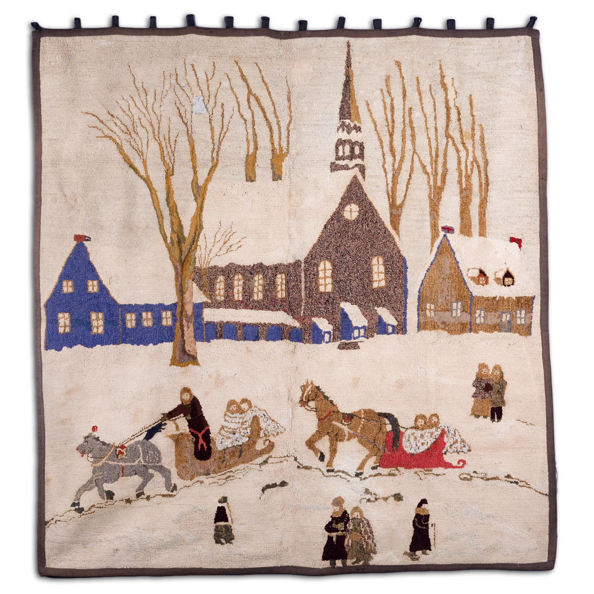 Appraisal: AMERICAN HOOKED RUG OF A WINTER SCENE With two horse-drawn