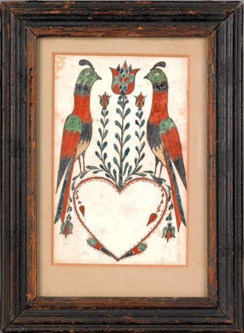 Appraisal: Vibrant Southeastern Pennsylvania watercolor fraktur bookplate ca with birds flanking