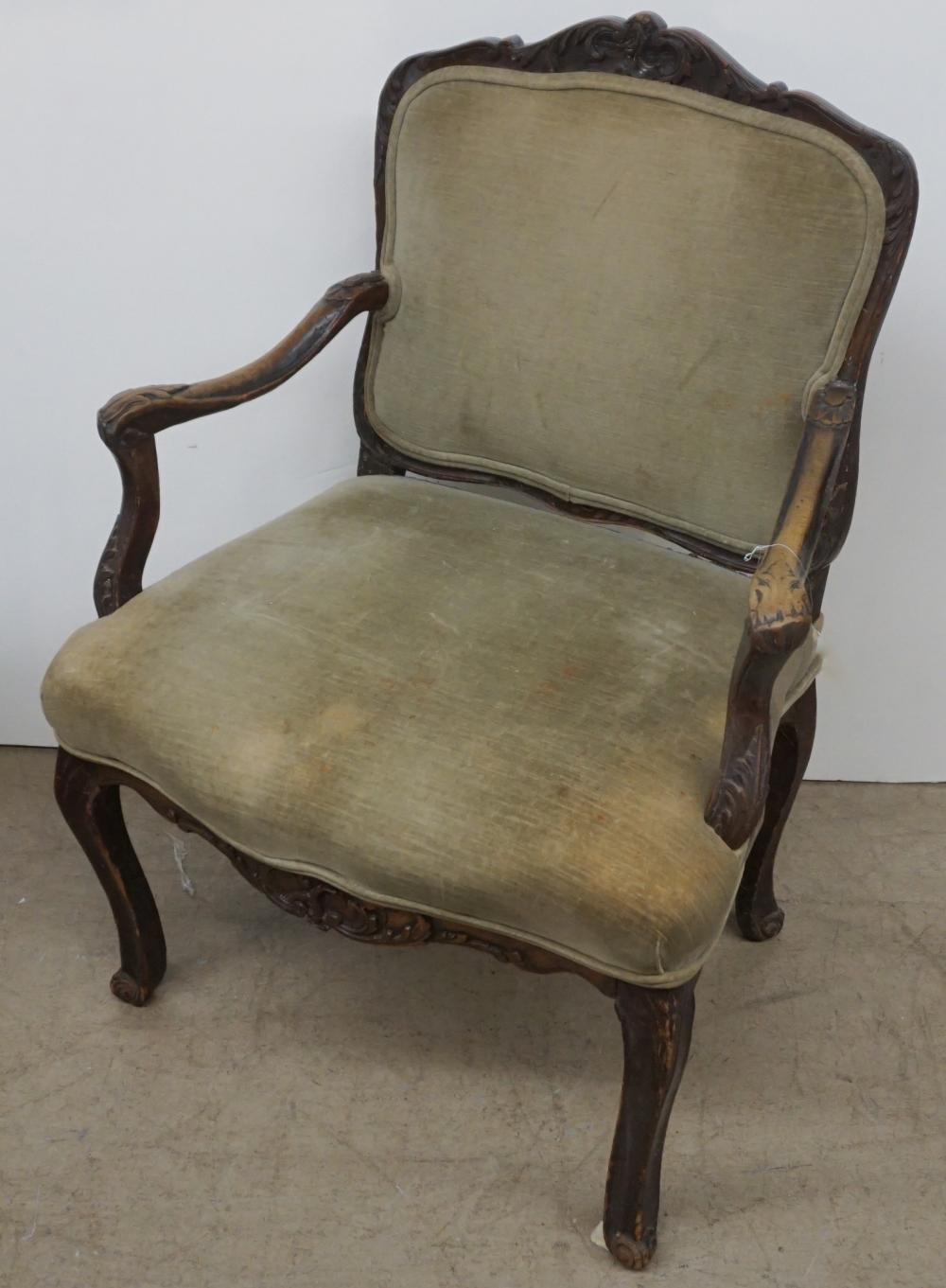 Appraisal: Louis XV Stained Beechwood and Light Green Velvet Upholstered Fauteuil