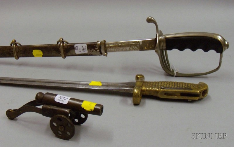 Appraisal: Two Modern Swords and a Miniature Bronze Canon canon lg