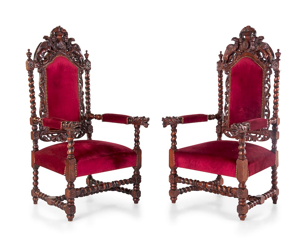 Appraisal: A Pair of Renaissance Revival Carved Open Armchairs Height inches