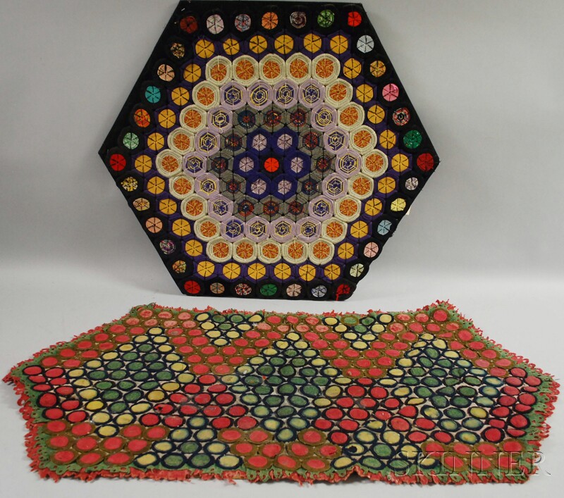 Appraisal: Hexagonal Wool and Cotton Penny Rug Three Hooked Rugs and