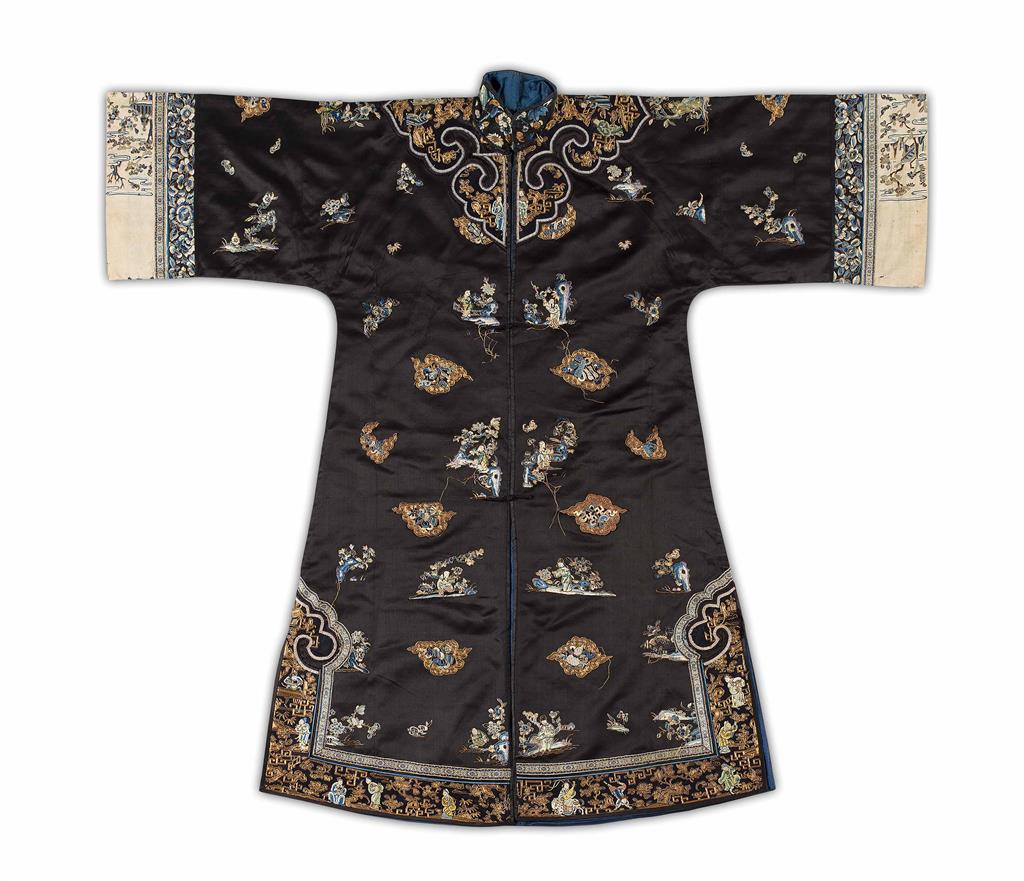 Appraisal: SILK-EMBROIDERED BLUE-GROUND LADY'S ROBE LATE QING DYNASTY REPUBLIC PERIOD the