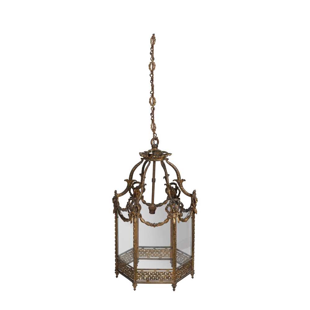 Appraisal: GEORGIAN STYLE GILT METAL HALL LANTERN TH CENTURY the hexagonal