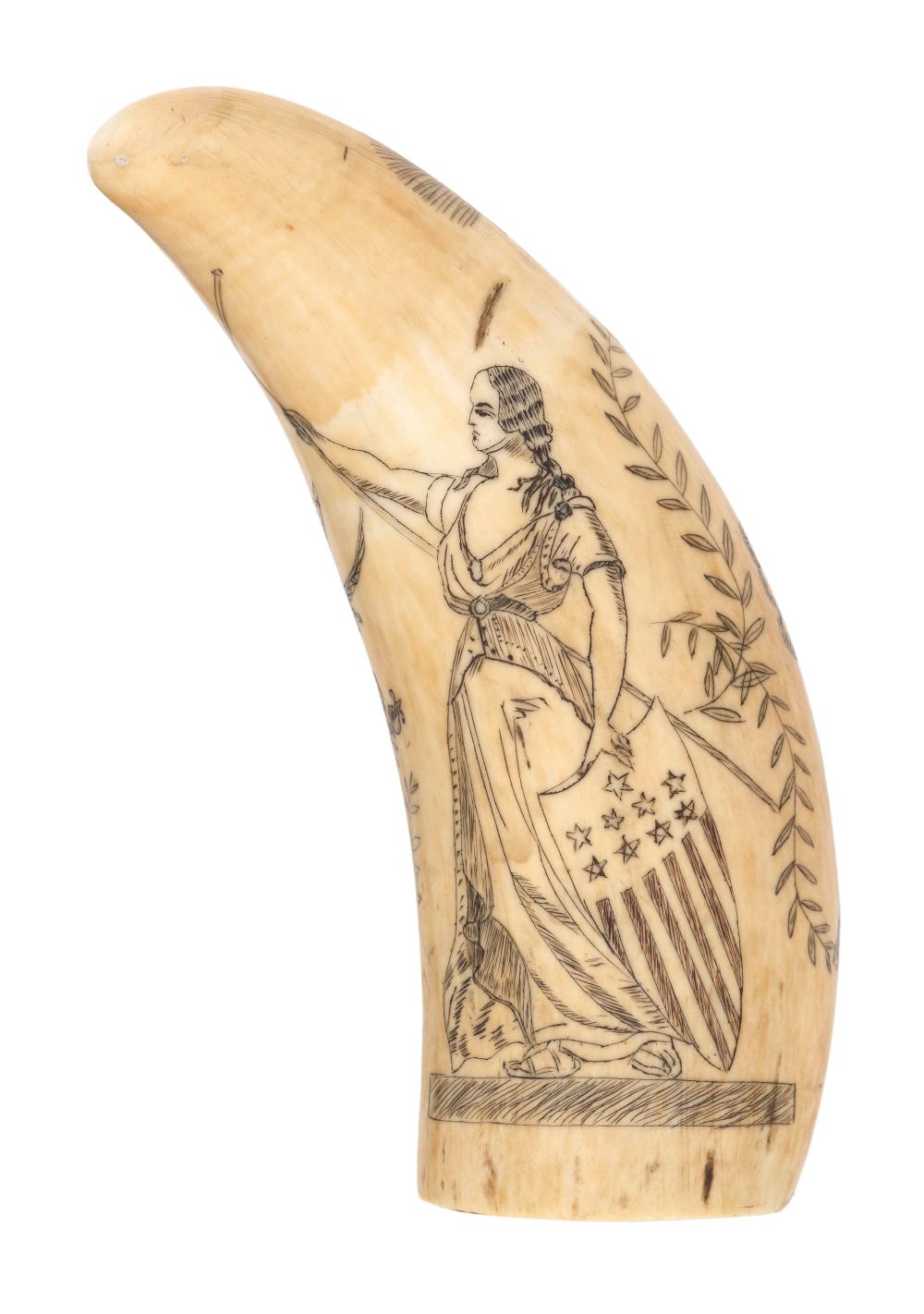 Appraisal: POLYCHROME SCRIMSHAW WHALE'S TOOTH DEPICTING LADY LIBERTY AND LADY JUSTICE