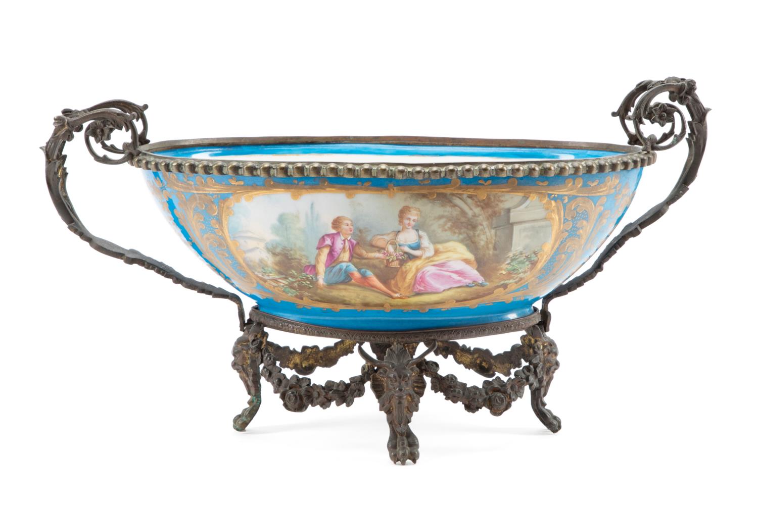 Appraisal: CONTINENTAL SEVRES STYLE BRONZE MOUNTED BOWL Continental bleu Celeste ground