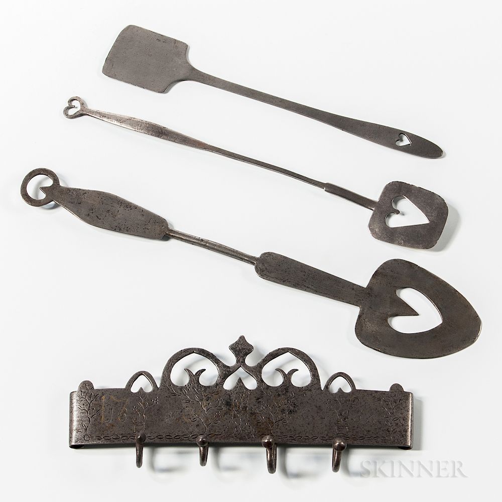 Appraisal: Wrought Iron Hearth Tool Rack and Three Spatulas Wrought Iron