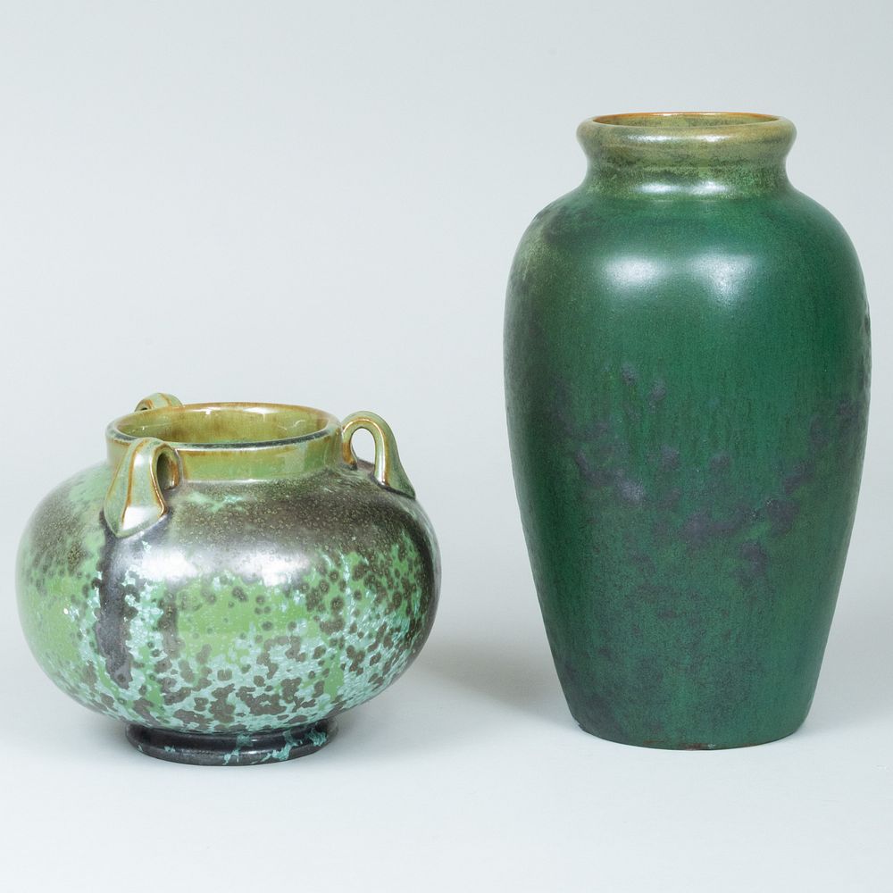 Appraisal: Two Fulper Green Glazed Pottery Vases Comprising A globular vase