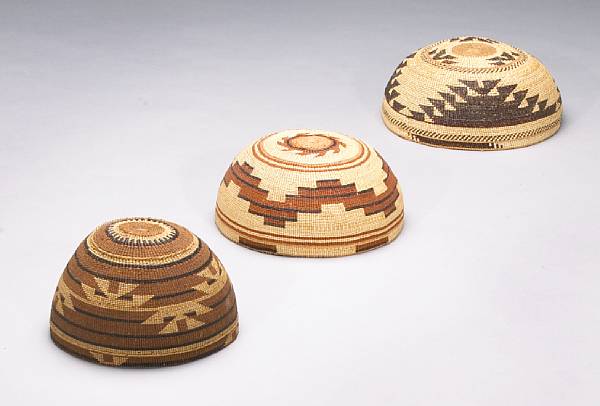 Appraisal: Three Northwest California hats Two polychrome examples with banded fretwork