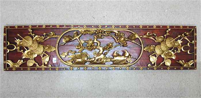 Appraisal: A CARVED AND GOLD PAINTED PICTORIAL RELIEF WALL PANEL Chinese