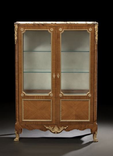 Appraisal: French Mahogany Kingwood and Marble-Top Vitrine early th century in