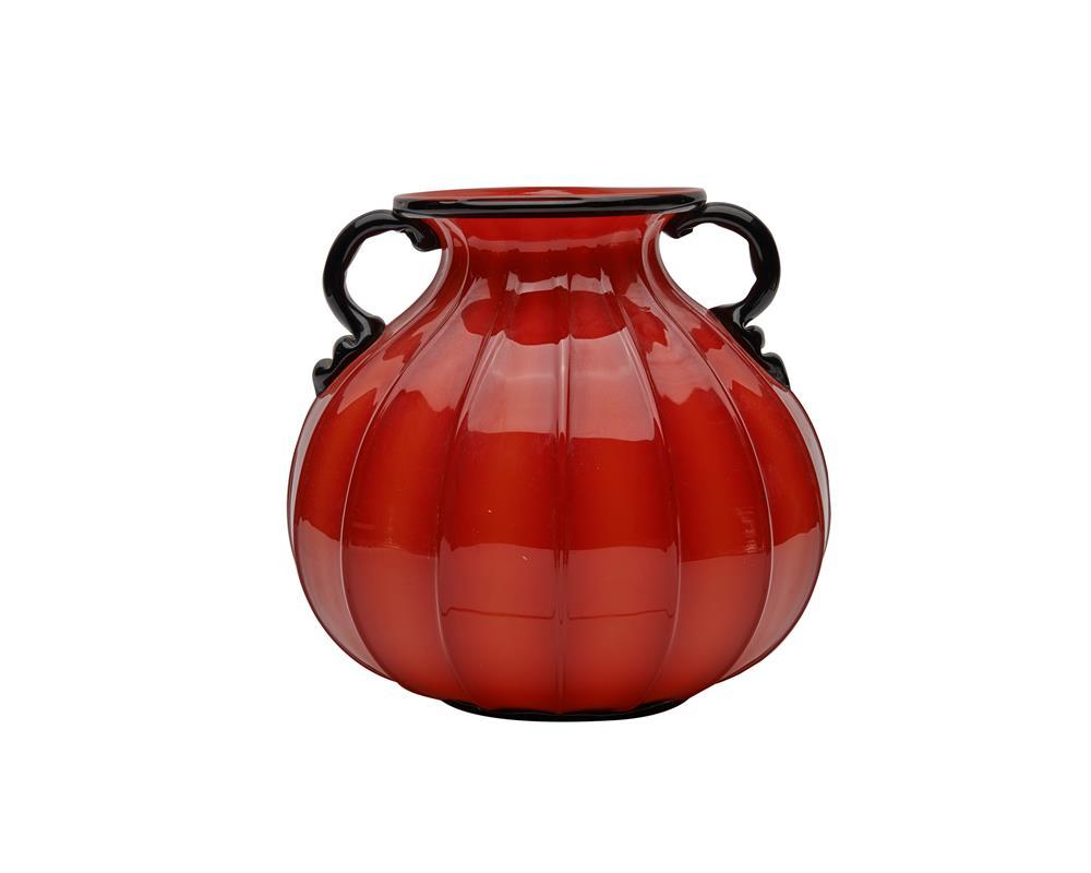 Appraisal: MURANO Red and Black Glass Ribbed Bulbous Vase etched on