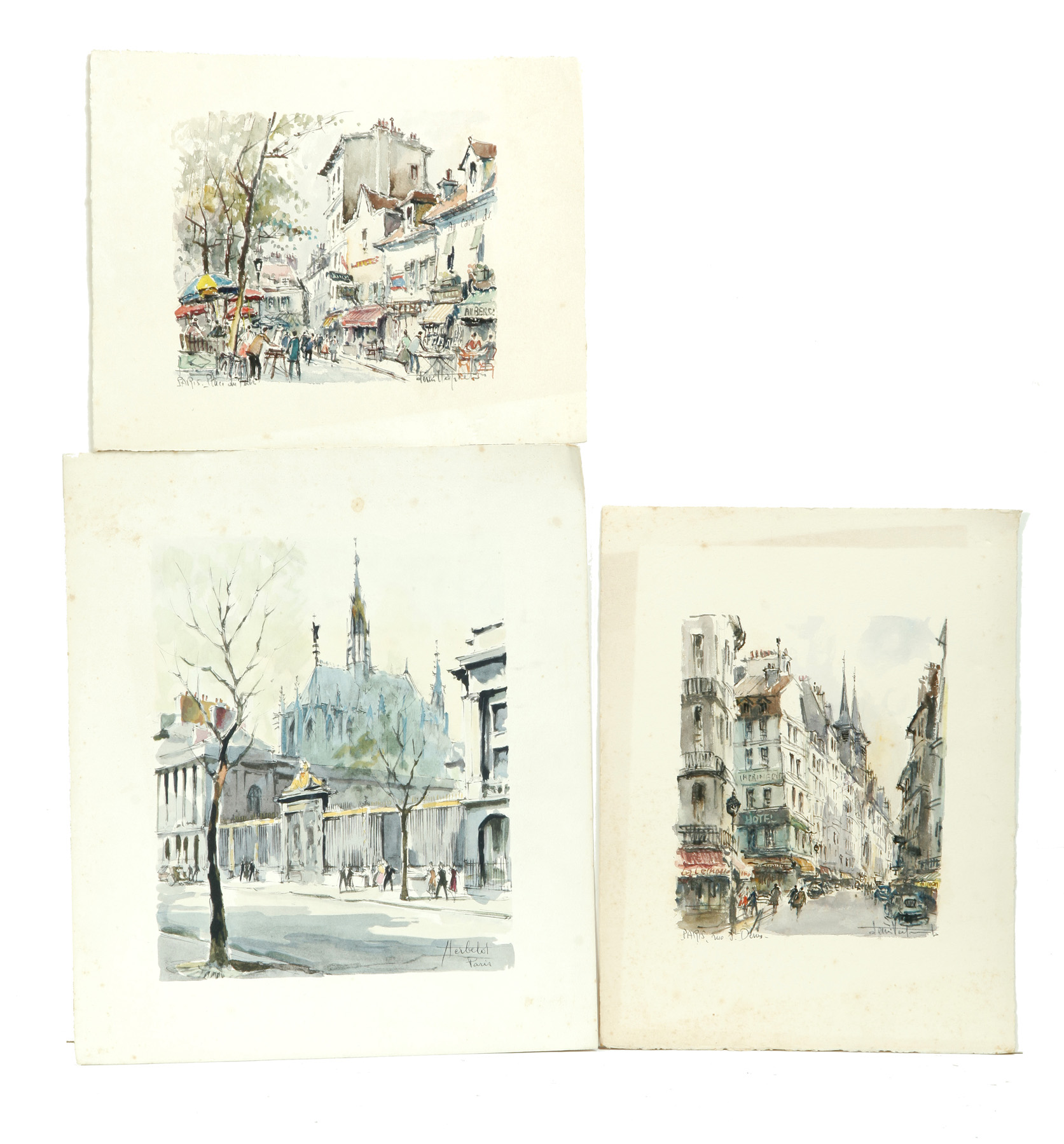 Appraisal: THREE UNFRAMED WATERCOLOR PARIS SCENES European mid th century Colorful