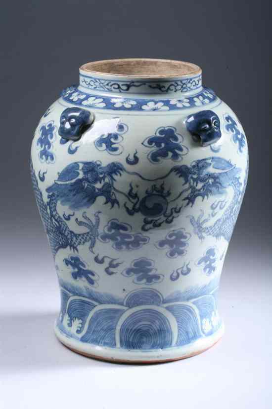 Appraisal: CHINESE BLUE AND WHITE PORCELAIN BALUSTER JAR Qing Dynasty Painted