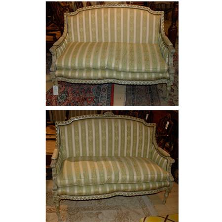 Appraisal: Pair of Louis XVI Style Carved and Painted Settees Estimate