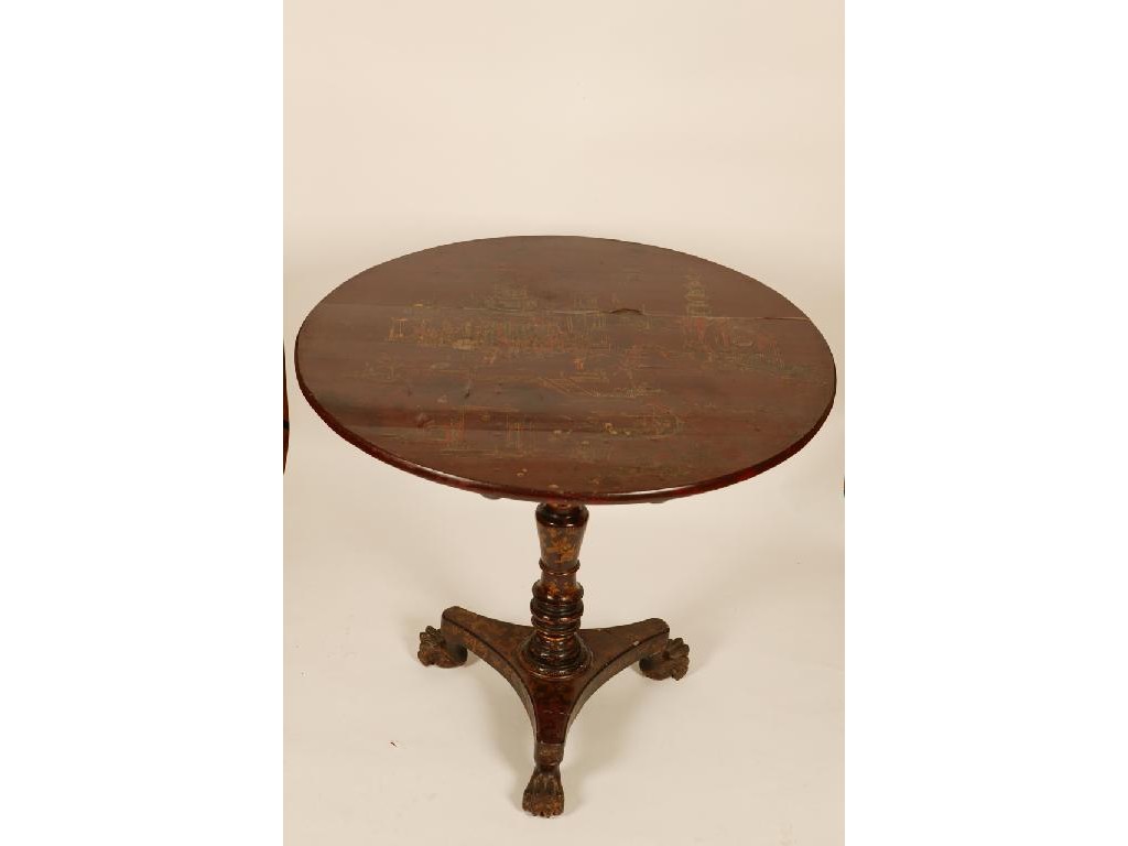 Appraisal: A CHINESE EXPORT RED LACQUER TRIPOD TABLE the circular tip-up