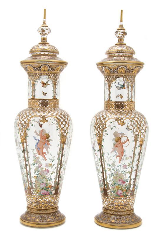 Appraisal: Pair of Continental Enameled Glass Covered Urns each of baluster